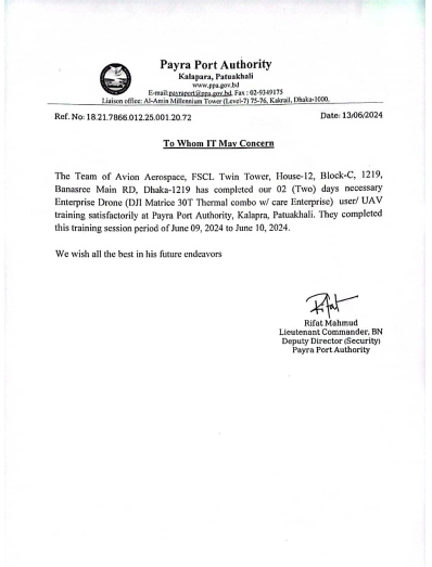 payra port authority certificate to avion drone academy